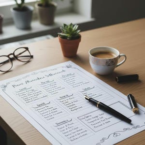 Può includere: Un primo piano di una scrivania in legno con un piano alimentare settimanale stampato, una tazza di caffè, una penna stilografica e occhiali. Piccole piante in vaso sullo sfondo. Il piano alimentare è in italiano.