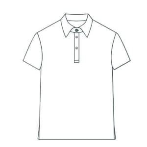 May include: Line drawing of a short-sleeved polo shirt. The shirt features a collar with a button closure and three buttons down the front. The sleeves are short and the shirt is a solid colour.