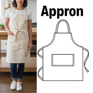 Op de afbeelding: Een crèmekleurige schort met een voorzak en taillebanden. De schort wordt gedragen door een persoon in een wit t-shirt en een blauwe spijkerbroek. Het woord "Appron" is in zwarte letters geschreven.