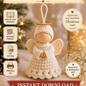 Puede incluir: Un patrón de ganchillo en PDF para un ángel de Navidad hecho a mano. La imagen muestra un ángel de ganchillo color crema con cabeza de madera, halo dorado y lazo para colgar. El texto incluye "craftedneststudioo", "STEP-BY-STEP GUIDANCE", "BEGINNER FRIENDLY", "PDF PATTERN", "PRINTABLE FILE", "Create your own handmade Christmas angel", "BEAUTIFUL & MEANINGFUL GIFT" e "INSTANT DOWNLOAD".