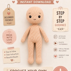 May include: A beige crochet doll with black bead eyes and a simple stitched smile. The image includes text: craftedneststudioo, INSTANT DOWNLOAD, BEGINNER FRIENDLY, STEP BY STEP GUIDANCE, DETAILED PATTERN, PHOTO TUTORIALS, TIPS & TRICKS INCLUDED, PERFECT FOR GIFTS, Easy to Follow, Clear Instructions, Beautiful Results, CROCHET YOUR OWN ADORABLE DOLL, SIMPLE, CUTE, TIMELESS, CREATE, ENJOY, SHARE, DOWNLOAD NOW.