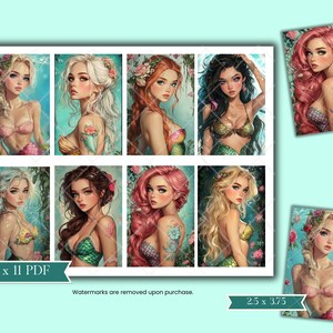 May include: A digital printable sheet of 8.5 x 11 inch mermaid illustrations. The sheet features 10 different mermaids with long flowing hair, wearing seashells and pearls. The mermaids are surrounded by ocean-themed elements like seashells, starfish, and coral.