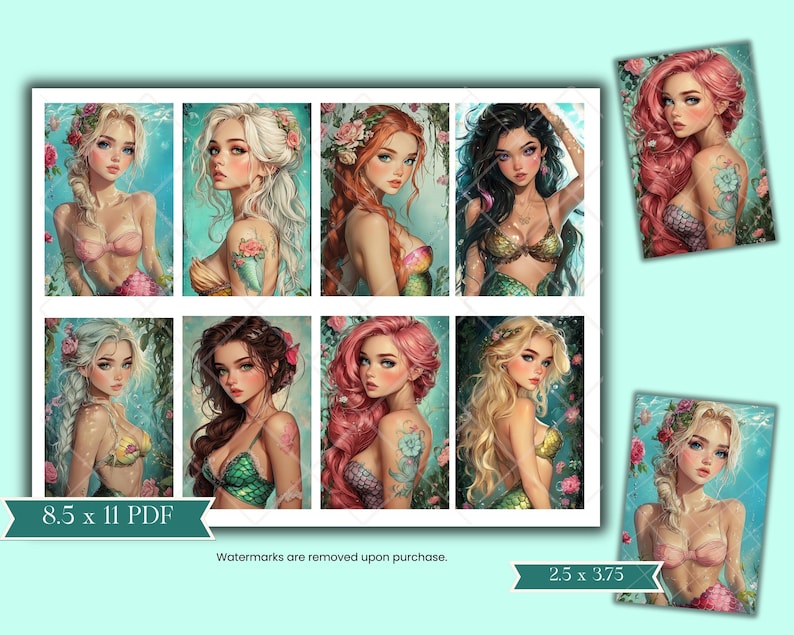 May include: A digital printable sheet of 8.5 x 11 inch mermaid illustrations. The sheet features 10 different mermaids with long flowing hair, wearing seashells and pearls. The mermaids are surrounded by ocean-themed elements like seashells, starfish, and coral.