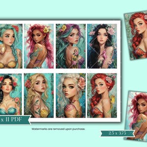 May include: A set of 10 printable digital planner stickers featuring mermaid illustrations. The stickers are in various colours, including pink, blue, green, and purple. The stickers are designed to be used in a digital planner.