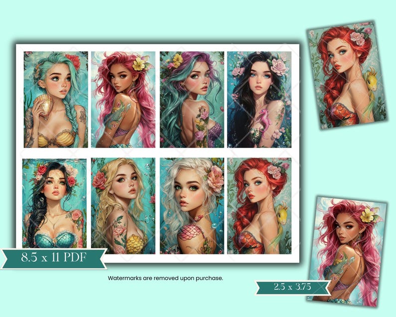 May include: A set of 10 printable digital planner stickers featuring mermaid illustrations. The stickers are in various colours, including pink, blue, green, and purple. The stickers are designed to be used in a digital planner.