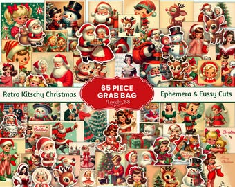 May include: A collection of retro Christmas ephemera and fussy cuts. The images include Santa Claus, snowmen, reindeer, and vintage-style children. The text reads "Retro Kitschy Christmas" and "65 Piece Grab Bag".