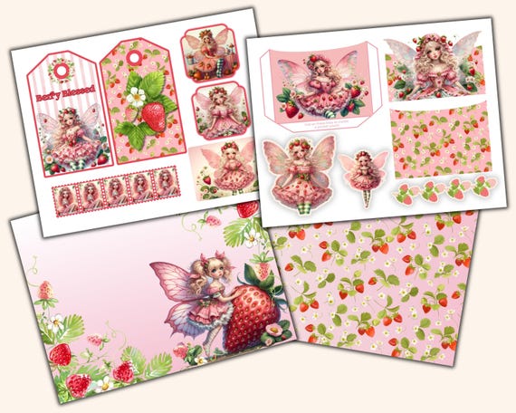 Strawberry Junk Journal Mini Kit | Fairy Papers, Strawberry Papers, Fussy Cuts, Tags| Strawberry Fairy Junk Journal | Strawberry Journal