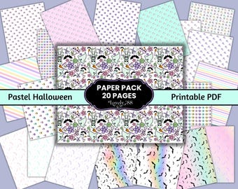 May include: A collection of pastel-colored Halloween-themed paper sheets. The designs include patterns of ghosts, bats, flowers, and stripes. The text on the image reads "Paper Pack 20 Pages" and "Pastel Halloween". Printable PDF.