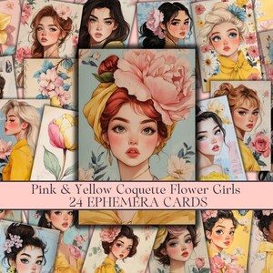 May include: A collage of 24 digital illustrations featuring flower girls with pink and yellow flowers. The text "Pink & Yellow Coquette Flower Girls 24 Ephemera Cards" is at the bottom of the collage.