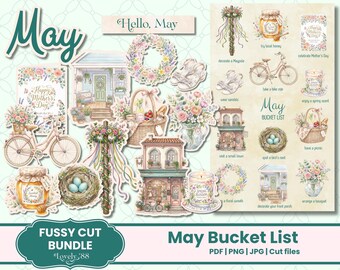 May Bucket List Junk Journal Kit | Spring Fussy Cuts and Cut Files (PDF & PNG)