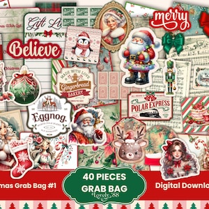 Christmas Junk Journal Ephemera Kit | 40+ Pieces | Assorted Grab Bag | Fussy Cuts, Pockets, Tags & Ephemera | Printable, Digital