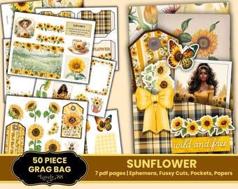 Sunflower Junk Journal Kit | Sunflower Ephemera Bundle | Autumn Junk Journal Kit | Fall Fussy Cuts, Tags, Pockets | PDF Download