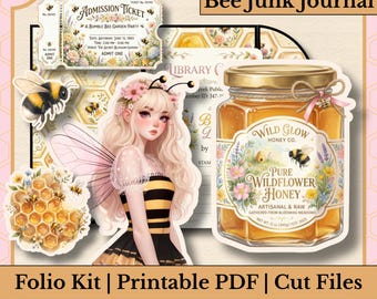 Bee Folio Junk Journal Kit | 28‑Piece Printable Ephemera | Honey Bee Theme | PDF, PNG, Cut Files for Scrapbooking & Collage