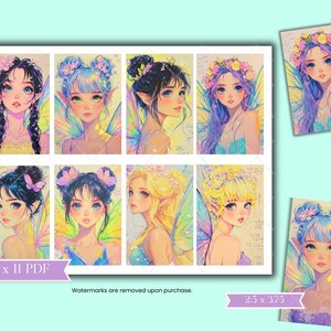May include: A digital printable sheet with 8 illustrations of fairies with wings and flowers. The fairies have different hairstyles and outfits. The sheet is 8.5 x 11 inches and is a PDF file. Watermarks are removed upon purchase. The sheet is 2.5 x 3.75 inches.