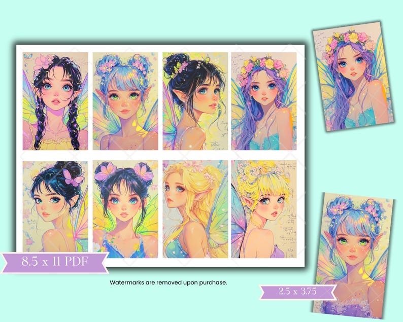 May include: A digital printable sheet with 8 illustrations of fairies with wings and flowers. The fairies have different hairstyles and outfits. The sheet is 8.5 x 11 inches and is a PDF file. Watermarks are removed upon purchase. The sheet is 2.5 x 3.75 inches.