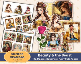 Beauty and the Beast Junk Journal Kit | Beauty & the Beast Ephemera | Fussy Cuts, Tags, Collage Sheets | Fairytale Princess Junk Journal