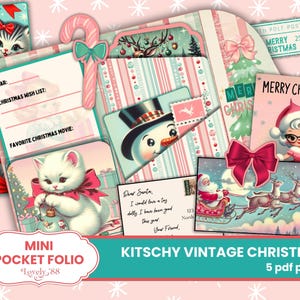 Pink Christmas Mini Folio | Kitschy Christmas Junk Journal Kit |Ephemera, Fussy Cuts, Pockets,Mini-folio | Christmas junk journal folio kits