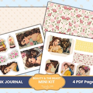 Mini-kit de journal indésirable La Belle et la Bête | Papiers La Belle et la Bête, Découpes difficiles, étiquettes, feuilles de collage | Carnet de voyage Princesse de conte de fées