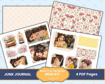 Minikit de diario basura de La Bella y la Bestia / Papeles de La Bella y la Bestia, recortes, etiquetas, hojas de collage / Diario basura de Princesas de Cuentos de Hadas