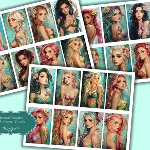 May include: A set of 16 digital printable ephemera cards featuring illustrations of mermaids with long flowing hair, colourful tails, and floral accents. The cards are titled "Mermaid Beauties Ephemera Cards" and include the text "Lovely88".