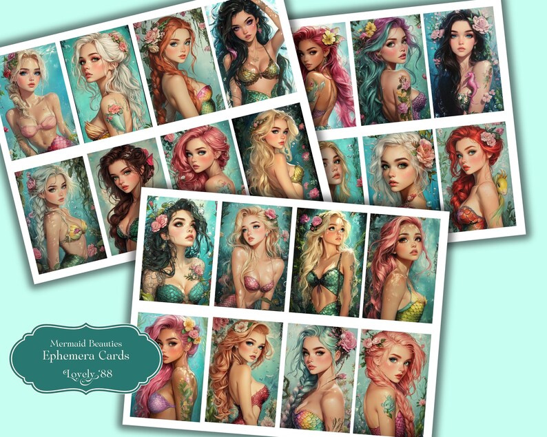 May include: A set of 16 digital printable ephemera cards featuring illustrations of mermaids with long flowing hair, colourful tails, and floral accents. The cards are titled "Mermaid Beauties Ephemera Cards" and include the text "Lovely88".