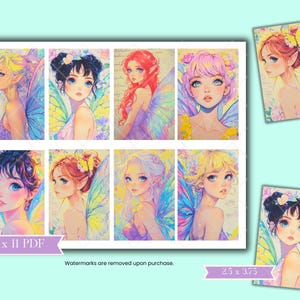 May include: A set of 10 printable digital images featuring colorful illustrations of fairies with wings. The fairies have different hair colors and styles, and are wearing various outfits. The images are 8.5 x 11 inches and are perfect for crafting projects, scrapbooking, or digital art.