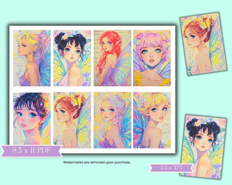 May include: A set of 10 printable digital images featuring colorful illustrations of fairies with wings. The fairies have different hair colors and styles, and are wearing various outfits. The images are 8.5 x 11 inches and are perfect for crafting projects, scrapbooking, or digital art.