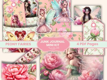Fairy Junk Journal Mini Kit | Fairy Papers, Floral Papers, Fussy Cuts, Tags, Spring Fairy |Peony Fairy Junk Journal