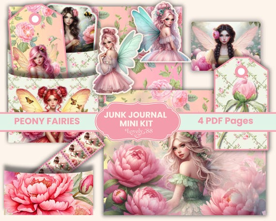 Fairy Junk Journal Mini Kit | Fairy Papers, Floral Papers, Fussy Cuts, Tags, Spring Fairy |Peony Fairy Junk Journal