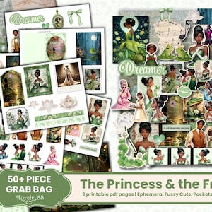 May include: A collection of printable ephemera featuring illustrations from "The Princess and the Frog." The set includes various images of the characters, along with decorative elements like flowers and musical notes. The text reads "Dreamer" and "50+ Piece Grab Bag."