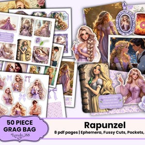 May include: A collection of Rapunzel-themed ephemera, fussy cuts, pockets, and papers. The set includes various illustrations of Rapunzel in shades of purple, pink, and gold. The text on the image reads "50 PIECE GRAG BAG" and "Rapunzel".