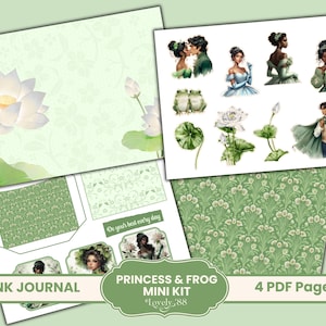 May include: A collection of four PDF pages for a junk journal, featuring a princess and frog theme. The pages include illustrations of a princess, a prince, and frogs, along with floral and patterned backgrounds in shades of green and white. Text includes "JUNK JOURNAL" and "PRINCESS & FROG MINI KIT".