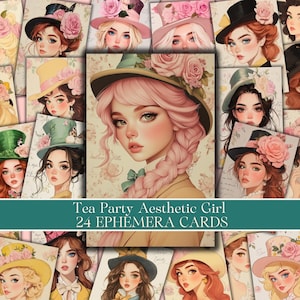 Theekransje rommeldagboek | ATC-kaarten | Grillig rommeldagboek | Efemere kaarten, schattige meisjes, vrouwelijke esthetiek, pastelkleurige vintage meisjes