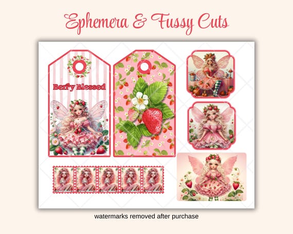 Strawberry Junk Journal Mini Kit | Fairy Papers, Strawberry Papers, Fussy Cuts, Tags| Strawberry Fairy Junk Journal | Strawberry Journal