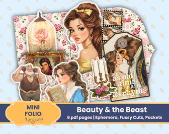 May include: A digital paper pack featuring illustrations of Belle and the Beast from the Disney movie Beauty and the Beast. The pack includes images of Belle, the Beast, a rose, a candle, and a quote from the movie. The pack is designed for scrapbooking, card making, and other paper crafts.