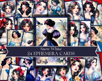 May include: A set of 24 ephemera cards featuring illustrations of Snow White in various poses and settings. The cards are printed on high-quality cardstock and are perfect for scrapbooking, card making, and other craft projects.