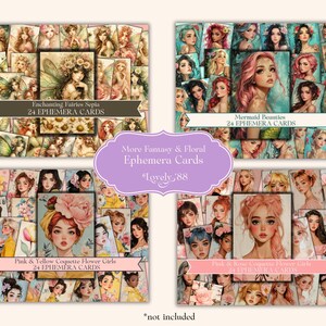 May include: Set of four digital collage sheets featuring illustrations of fairies, mermaids, and girls with flowers. Each sheet includes 24 images, perfect for crafting and scrapbooking.
