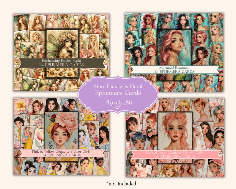 May include: Set of four digital collage sheets featuring illustrations of fairies, mermaids, and girls with flowers. Each sheet includes 24 images, perfect for crafting and scrapbooking.