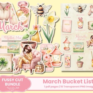 May include: A collection of watercolor-style digital stickers with a spring theme. The stickers include floral elements, a perfume bottle, a bee, a notebook, and a woman in pajamas. The text "March" and "March Bucket List" are visible.