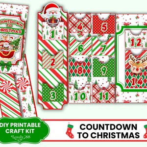 May include: A DIY printable Christmas advent calendar kit. The kit features a red, green, and white color scheme with candy cane stripes, Christmas trees, and Santa Claus illustrations. The text "Countdown to Christmas" is displayed.
