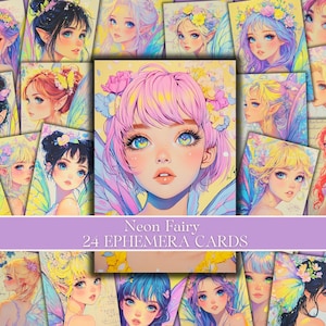 May include: A set of 24 digital ephemera cards featuring illustrations of fairies with neon colors and wings. The cards have a whimsical and magical theme.