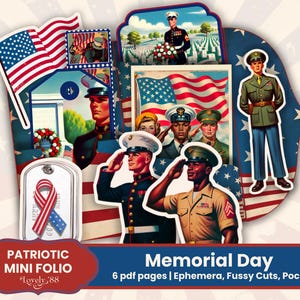Memorial Day Junk Journal Folio | USA Patriotic Junk Journal | America Junk Journal | Army, Marines Folio | Patriotic Fussy Cuts, Mini-folio