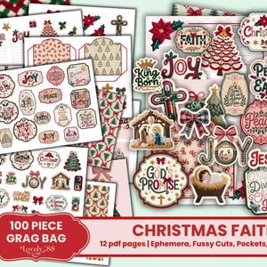 Op de afbeelding: Een verzameling kerst-thema papieren ephemera, knipwerk, zakken en papieren. De ontwerpen omvatten religieuze zinnen, kerstbomen, strikken en kerststalscènes. Het kleurenpalet bevat rode, groene en witte accenten. De tekst op de afbeelding luidt "Christmas Faith".