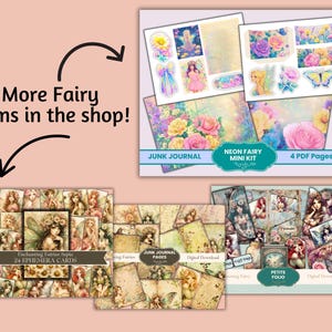 May include: A digital download set of printable fairy themed junk journal pages, ephemera cards, and a mini kit. The set includes 4 PDF pages with a variety of images, including fairies, flowers, and butterflies. The text "Enchanting Fairies Sepia 24 Ephemera Cards" is visible on one of the cards. The text "Junk Journal Pages" is visible on one of the pages. The text "Neon Fairy Mini Kit" is visible on one of the pages. The text "Petite Folio" is visible on one of the pages.
