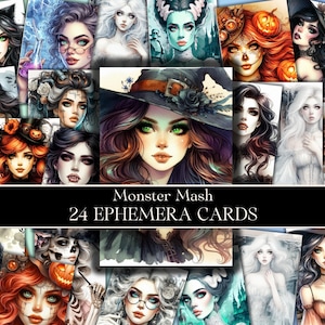 May include: A set of 24 ephemera cards featuring colorful illustrations of various monsters and creatures. The cards have a whimsical and gothic aesthetic, with characters like witches, vampires, and zombies.
