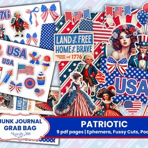 Diario basura patriótico / Efímeras de EE. UU. / Recortes, etiquetas y hojas de collage del 4 de julio / Kit de diario basura del 4 de julio, PNG rojo, blanco y azul