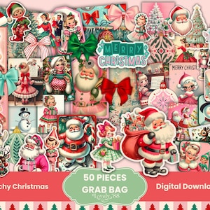 Pink Christmas Junk Journal Kit | Retro Christmas,Kitschy, | 50+ Pieces | Assorted Grab Bag | Ephemera, Fussy Cuts, Pockets, Tags