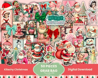 May include: A digital download of 50 vintage Christmas clip art images. The images feature a variety of festive themes, including Santa Claus, reindeer, snowmen, and Christmas trees. The images are in a kitschy style, with bright colours and bold designs. The text "Merry Christmas" is featured in the centre of the image.