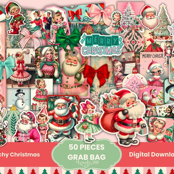 Kit de diario basura navideño rosa / Navidad retro, estilo kitsch / Más de 50 piezas / Bolsa surtida / Efímeras, recortes, bolsillos, etiquetas