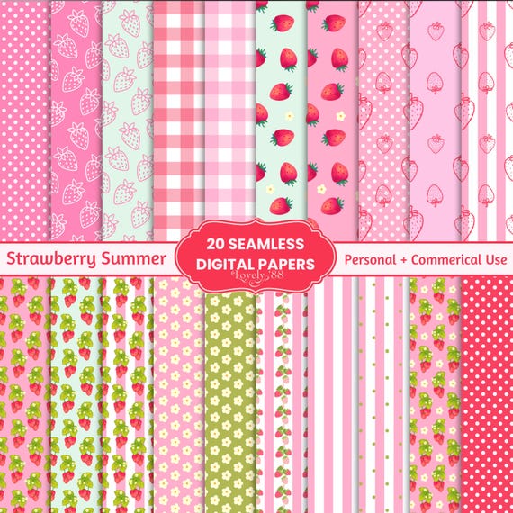 20 Strawberry Digital Papers | Seamless Strawberry Papers | Commercial Use | Strawberry Background, Strawberry Scrapbook Paper, Strawberries
